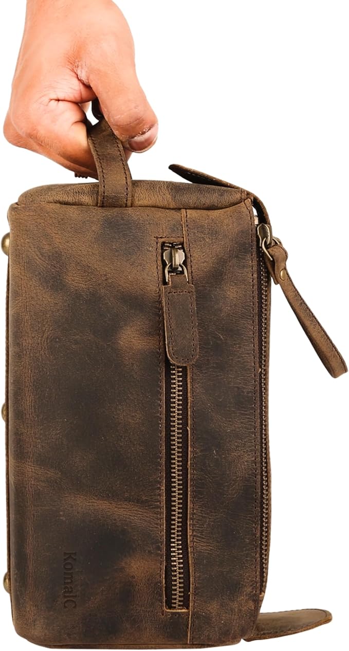 KomalC Premium Buffalo Leather Toiletry Bag for Men & Women With Water resistant Lining, Grooming Travel Pouch, Unisex Wash Bag for Toiletries, Gifts for Men and Women