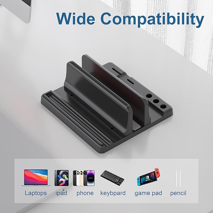 Vertical Laptop Stand Holder - Adjustable ABS Plastic Desktop Management Notebook Dock, Space-Saving 3 in 1 Compatible with All MacBook Pro Air, Mac, HP, Dell, Microsoft Surface (Black-1 Slot Version)