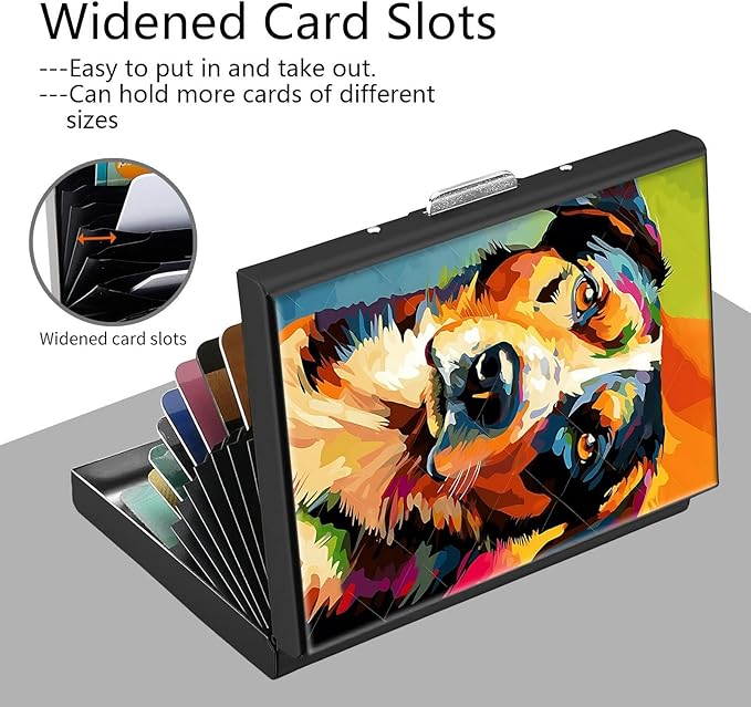 Credit Card Holder, Art Colorful Painting Dog Design Mini RFID Blocking Aluminum Wallet Slim Metal Hard Case Shell Travel Wallet ID Case Small Credit Cards Case Business Cards for Women Men