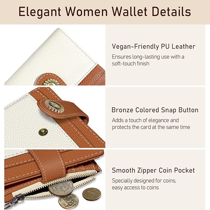 Kelvoris Small Rfid Women Wallet Bifold Zipper Coin Pocket PU Leather Compact Cash Credit Card Holder Travel Wallet for Female Ladies Teen Girls 1 ID Window 10 Card Slots White and Brown