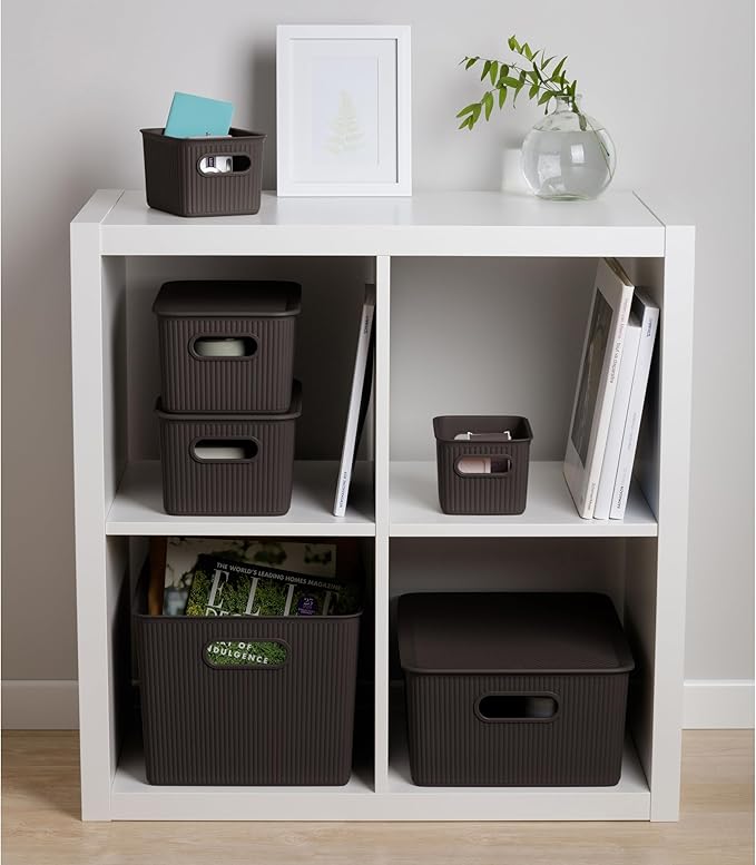 Decorative Plastic Basket Lidded Home Storage Bins Organizer Baskets, Medium Brown (1 Pack - 5 Liter) Stackable Container Box, for Organizing Closet Storage Bins for Shelves - Ribbed Collection