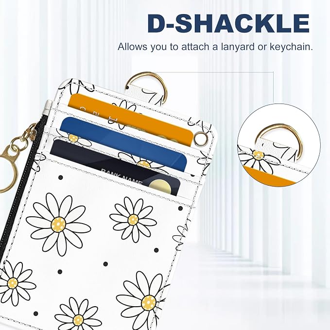 Slim Wallet Credit Card Holder, White daisy V, RFID Wallet Women Cute Small Front Pocket Wallet With Zipper, PU Leather Thin travel RFID Blocking Card Case ID Window,Ladies Gifts