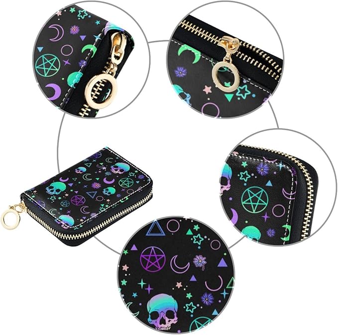 Magic Skull RFID Credit Card Holder Wallets Accordion for Women Leather Zipper Card Case Accordion Wallet for Ladies Girls