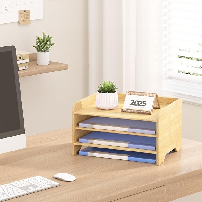Desk File Organizer 4-Tier Desktop Paper Mail Organizer Document Holder for Home Office Supplies, Office Desk Accessories & Workspace (Nature)