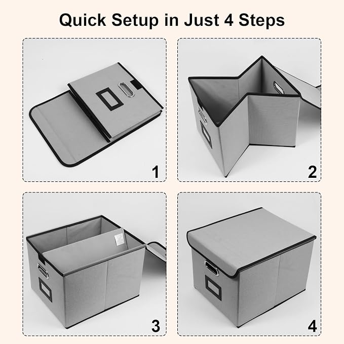 File Storage Box with Lid, 15.55x12.87x10.43 Inches, Foldable Organizer with Handles & Label Slot, for File Storage, Home, Office, and Closet Organization(Grey)