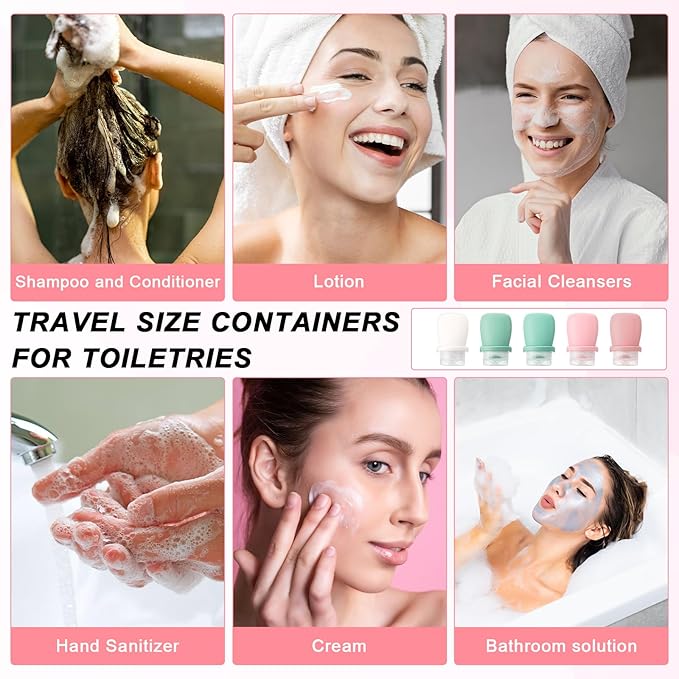 5 Pack 1oz Silicone Travel Bottles, Leak Proof Squeeze Bottle with Brush, Reusable Refillable Lotion Bottle for Toiletries, Shampoo, Conditioner, Lotion, Salad Dressing, Travel-Size Containers