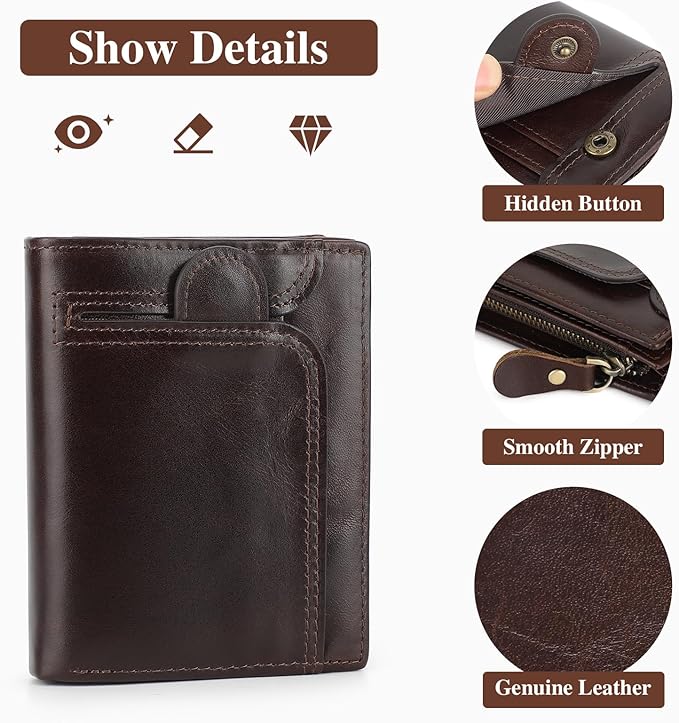 BAIGIO Genuine Leather Wallets for Men, Large Capacity Mens Bifold Wallet Leather RFID Blocking with Huge Zip Coin Pocket, 14 Credit Card Slots, Men's Cash Wallet in Gift Box, Brown