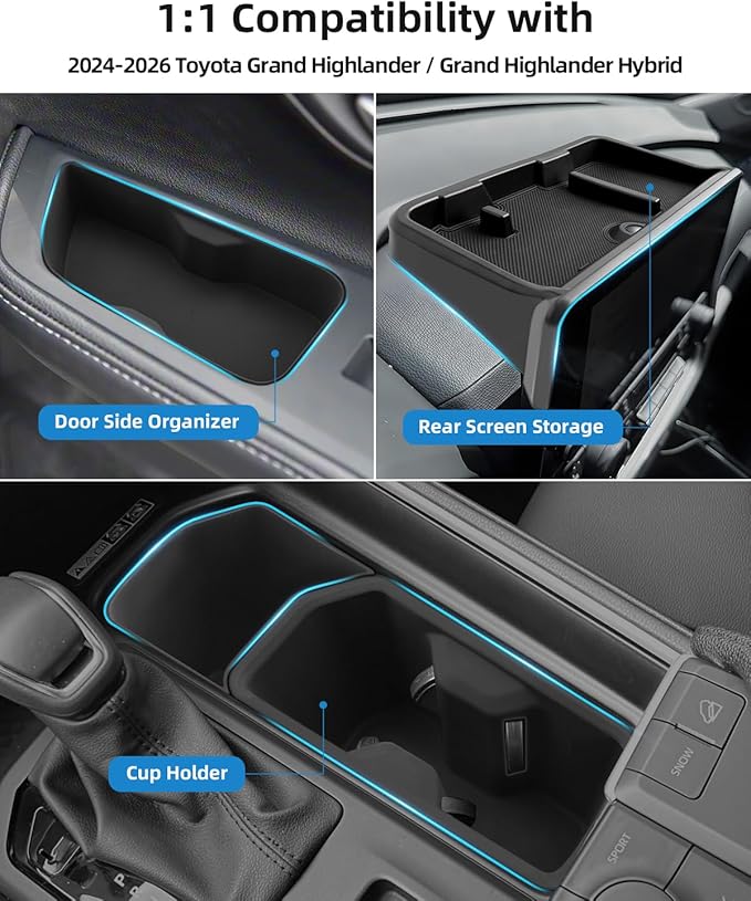 Center Control Insert Cup Holder+Rear Door Side Storage Box +Screen Dashboard Tray for 2024-2026 Toyota Grand Highlander/2025 2026 Grand Highlander Hybrid (5PCS)