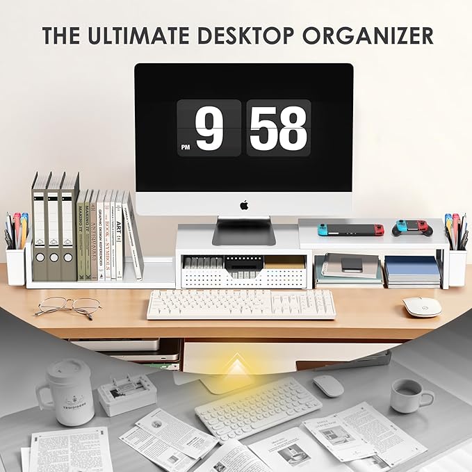 OPNICE Desk Organizers and Accessories, Dual Monitor Stand Riser with Drawer and 2 Pen Holders, Desk Shelf Metal Computer Racks for Office Workspace Organizers, Desktop Organization (White Metal)