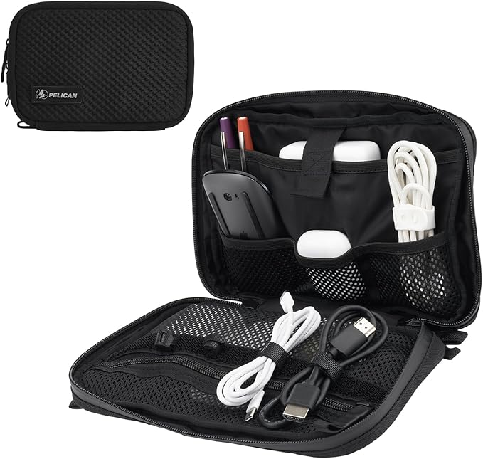 Pelican Electronic Organizer Travel Case - Portable Storage Bag with Multiple Storage Mesh Pockets for Cables, Chargers, Power Bank, AirPods - Black