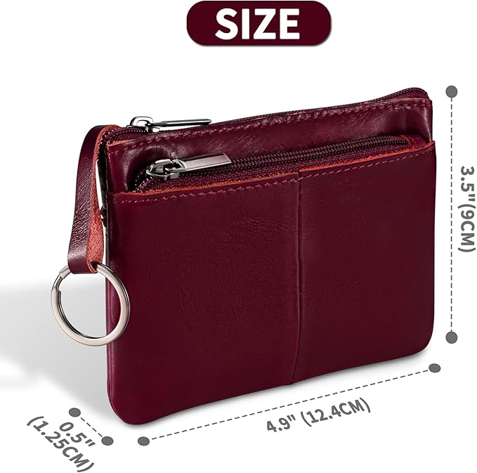 Wine Red Genuine Leather Multi-Functional Wallet - Compact Card Holder, Coin Purse & Key Organizer with 3 Zippers, Built-in Key Ring, Perfect for Travel, Work & Daily Use