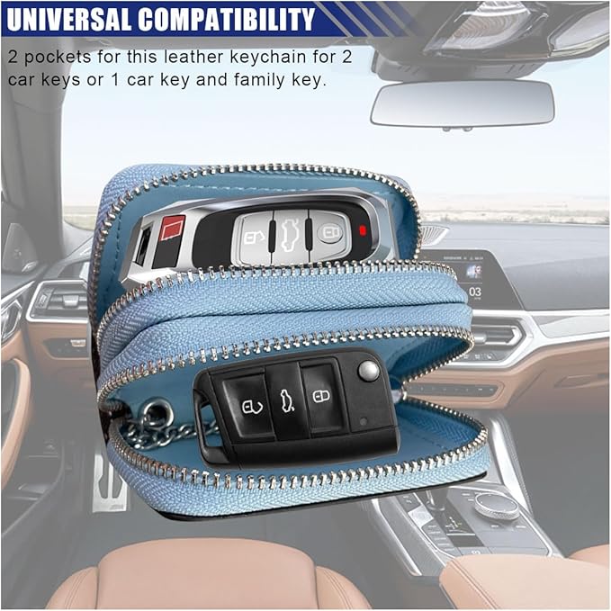 BDZMC Car Key Case, Genuine Leather Car Keychain Holder, 2 Sides Pocket Car Key Fob Zipper Bag, Car Key Case for Women Men(Light Blue)