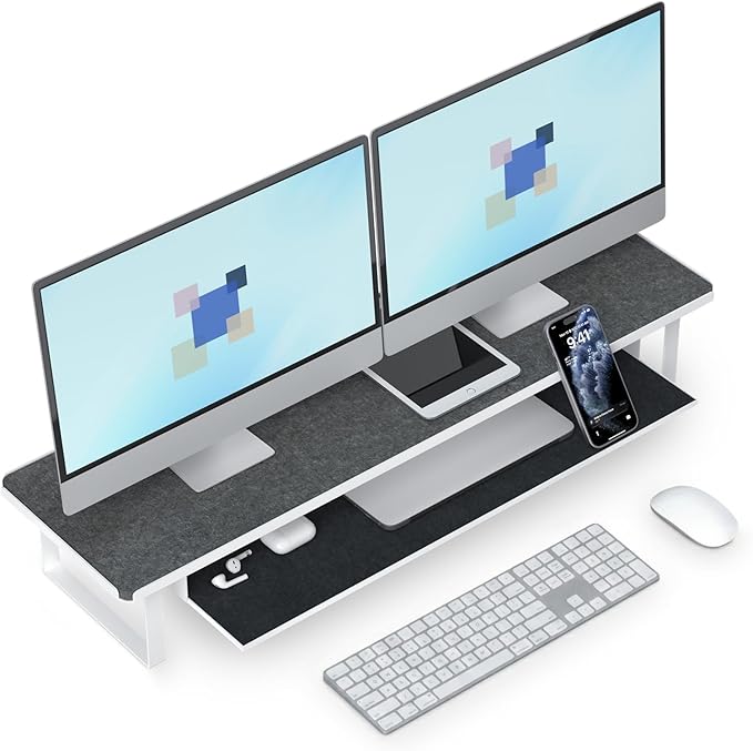 Carbon Steel Dual Monitor Stand Riser, 31.5 Inch Extra Wide & Thick Heavy Duty 2 Tier Desktop Organizer with Pull Out Storage Drawer, Ergonomic Desk Stand for Curved & Gaming Monitors Home Office