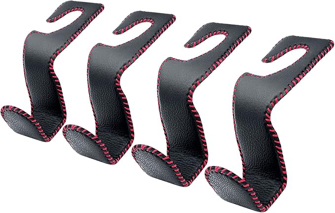 EldHus Car Seat Hooks for Purses and Bags, 4 Pack Car Purse Holder for Grocery Bag Handbag Clothes, Metal Headrest Hooks Covered by Leather, Black Red
