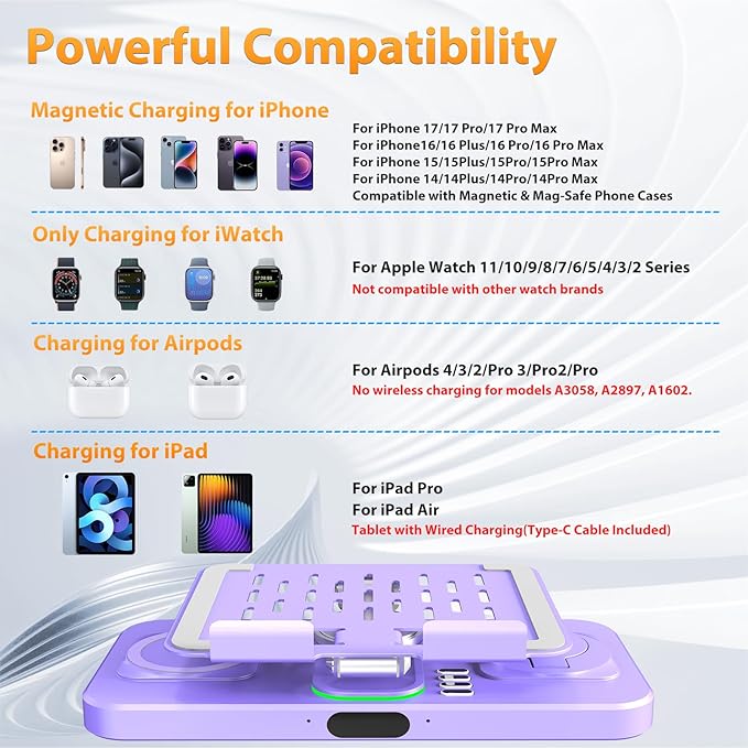30W Charging Station for Apple Products, Foldable Wireless Charger with Clock Display&7 Color Light, Wired Charging for iPad/Tablet Charging Station for iPhone17, for Apple Watch11 for AirPods4(Purple
