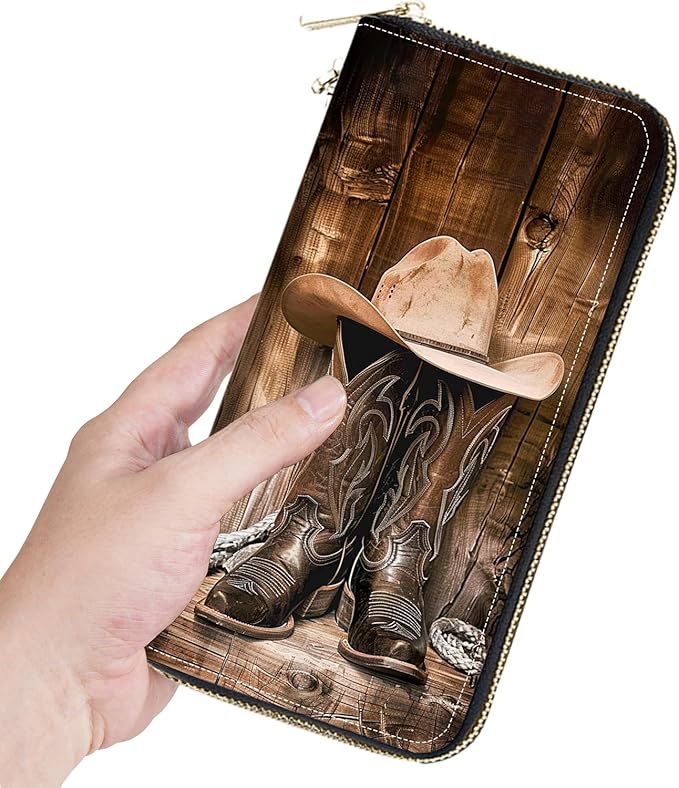 Women's Large Capacity Wallet, Portable PU Leather Zipper Wallet for Smart Phone/Card/Coin/Cash, Multifunctional Clutch Wallet with Removable Wristlet Strap, Western Cowboy Equipment Boots and Hat