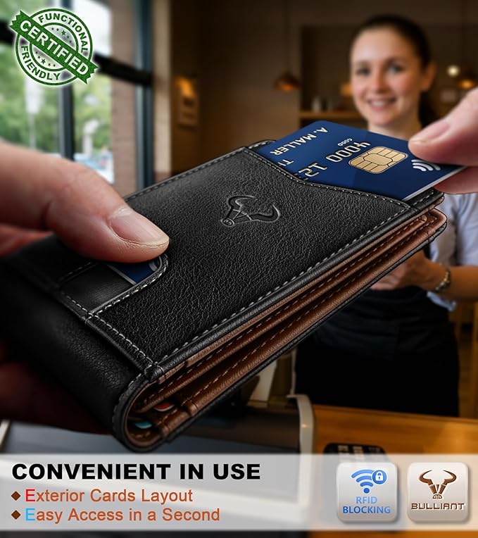 BULLIANT Men Wallet, Slim Leather Wallet Front Pocket Card Holder Gift For Men 11 Slots RFID Blocking