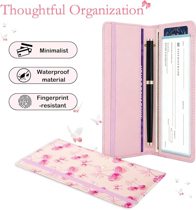 Letter Checkbook Cover, RFID Blocking Checkbook, Stylish, Lightweight, Slim Durable, Multi-Functional Checkbook Holder for Personal and Business Checks (Cherry-Pink)