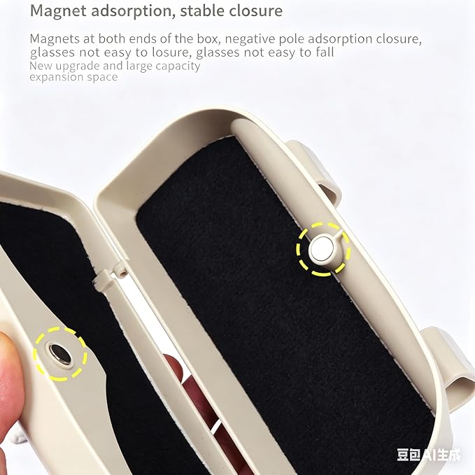 Car Sun Visor Glasses Holder, Magnetic Closure Sunglasses Storage Case with Visor Clip, Beige, One-Hand Access