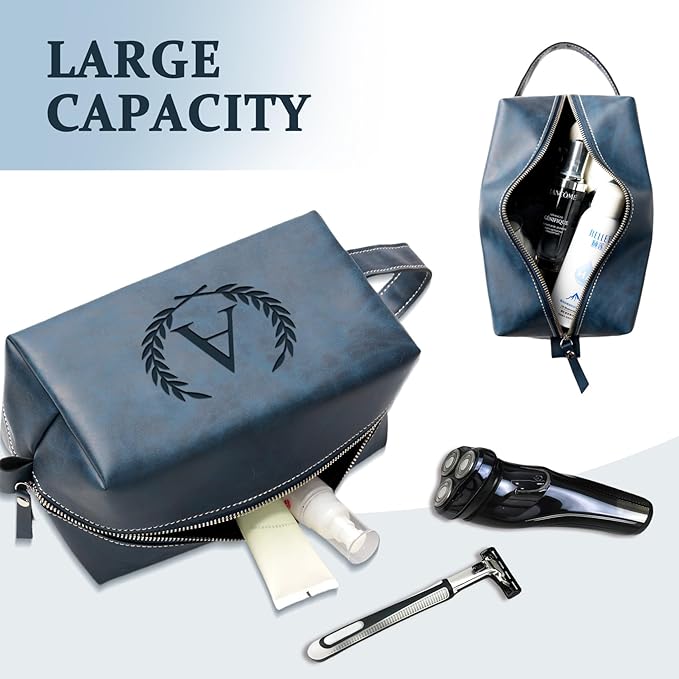 Personalized Gifts Travel Toiletry Bag for Men Engraved Initial PU Leather Waterproof Shaving Bag for Toiletries Accessories Fathers Day Birthday Gift for Men Dad Husband Son, Dark Blue B