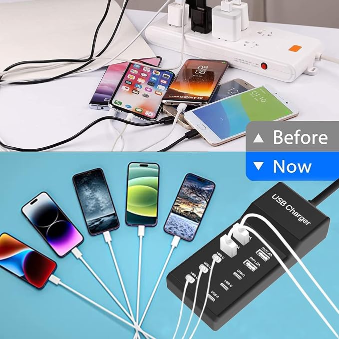 Multiple USB C Charger, 12 Ports USB Charging Station, 60W MultiPort Charger[10 USB-C+2 USB-A], USB Wall Charger, Desktop USB Charger for iPhone/iPad/Samsung/Google Pixel/Watch/Headphones(Black)