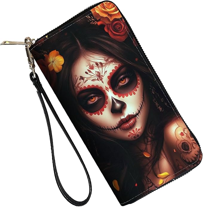 RFID Blocking Leather Wallet for Women – Large Capacity Zip Around Clutch with 8 Card Slots,43 Cash Pockets & Coin Zipper,Day of The Dead Girl Art