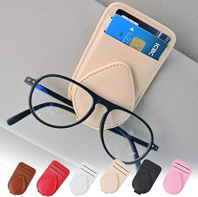 Sunglass and Card Holder for Car Visor, 2 Card Slots Visor Glasses Clip, Strong Magnetic Visor Holder, Visor Accessories for Cars SUV(Beige 1Pc)