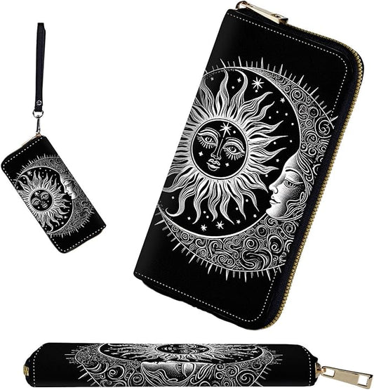 RFID-Blocking Zip Around Wallets for Women with Detachable Wrist Strap,Large Capacity Phone Holder with Card Organizer & Coin Pocket,Sun Moon Stars