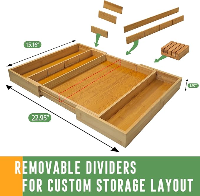 Bamboo Expandable Drawer Organizer with Removable Dividers, 15"-22" Adjustable Tray for Kitchen Utensils, Makeup & Office Storage