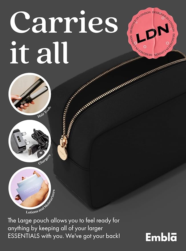 Embla Large Makeup Bag and Waterproof Nylon Travel Toiletry Bag, Large Capacity Cosmetic Zipper Pouch, Black