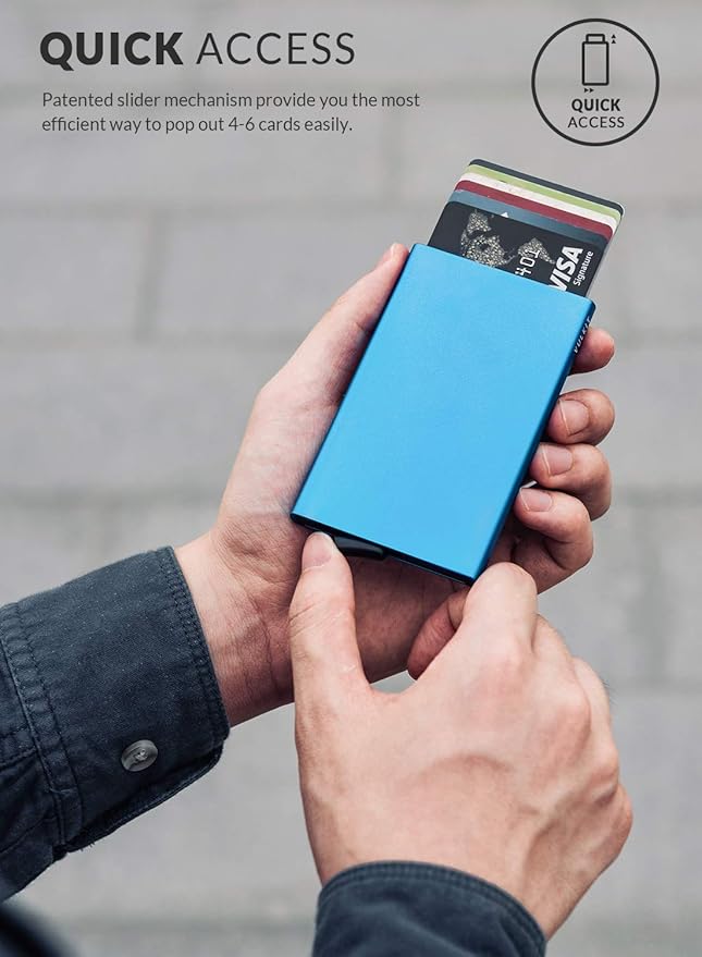VULKIT Pop Up Wallet, Slim Minimalist Credit Card Holder For Men and Women RFID Blocking Mini Metal Case Blue