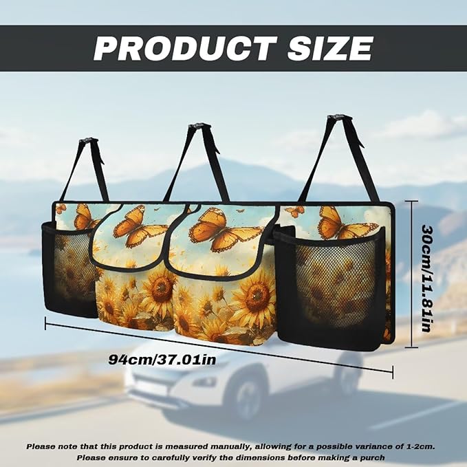Butterfly Sunflower Print Car Trunk Organizer with 4 Pockets Hanging Car Backseat Storage Bag Multipurpose Car Organizer Bag Universal Car Interior Accessories
