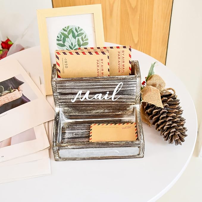 OKSQW Farmhouse Mail Organizer Countertop Letter Sorter Caddy 2 Tier Rustic Mail Tray Wooden Mail Holder File Organizer Bill Paper Folder Office Desk Accessories Rustic Office Supplies Home Decor