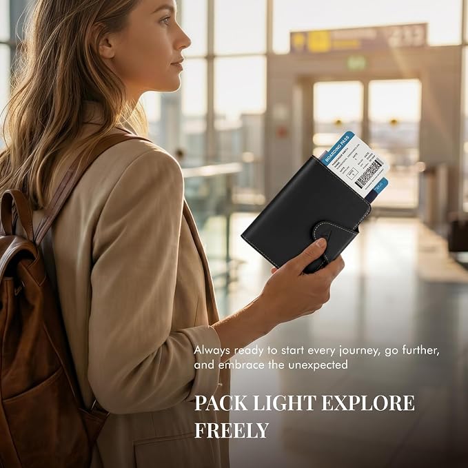ALLIVE Genuine Leather Passport Holder for Travel Essentials, RFID Blocking Passport Wallet with Built-in AirTag Slot, Passport Cover Case for Travel Must Haves Accessories (Midnight Black)