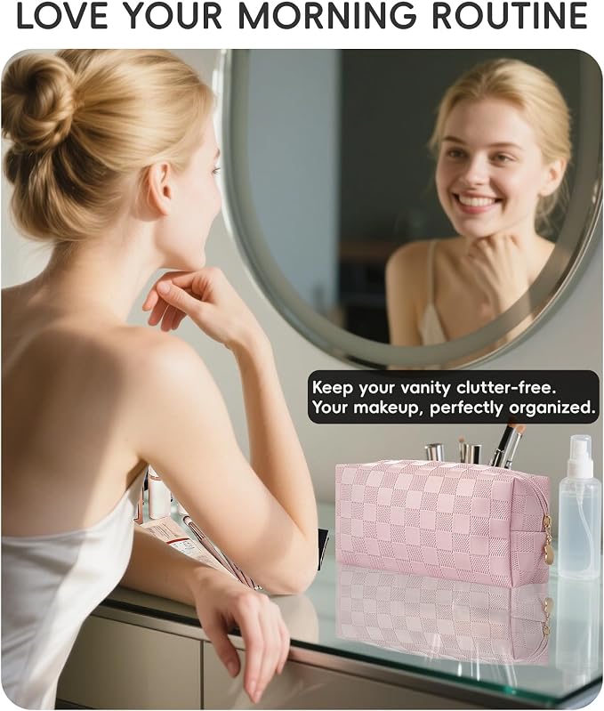Checkered Makeup Bag for Purse - Cute PU Leather Travel Cosmetic Pouch for Women, Portable Flat Toiletry Organizer with Gold Zipper(pink)