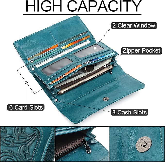 MEITRUE Women's Wallet Leather RFID Blocking Trifold Ladies Purse Embossed long Clutch Card Holder Phone Checkbook Organizer