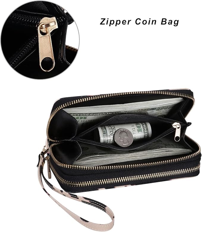 Cellphone Wallet for Women Dual Zipper Long Purse with Removable Wristlet