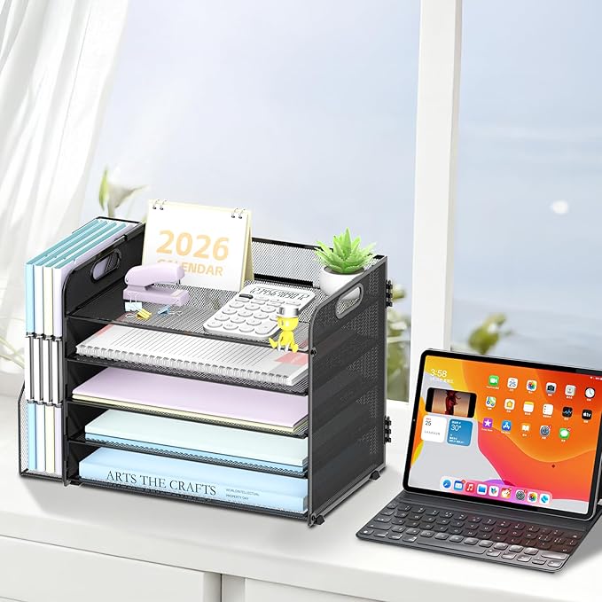 SUPEASY 5-Tier Desk Organizer with File Holder, Desk Organizers and Accessories, Paper Organizer for Desk, Mesh Desktop File Organizer, Workspace Organizers for Office School Home, Black