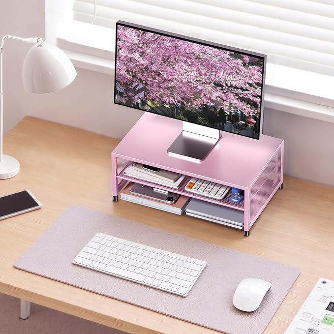 ECOLOVI 2-Tier Computer Monitor Stand Riser, Desk Organizer for Monitor, Printer & Laptop Stand, Desktop Workspace Organizers for Office Supplies(Pink)