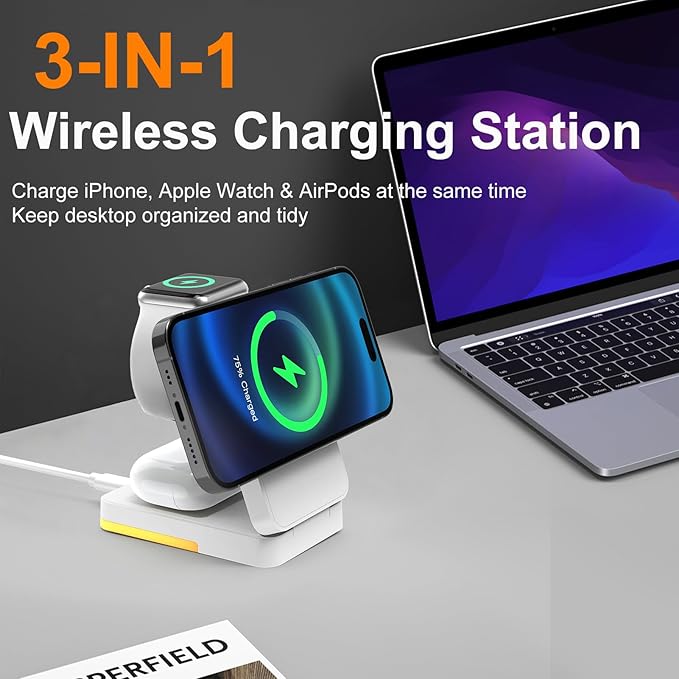 3-in-1 Travel Magnetic Charging Station for iPhone 17/17 Pro/17 Pro Max/Air/16 15 14 13 12 Pro Max Plus mini/Apple Watch/Airpods, Foldable Portable Wireless Charger Stand with Night Light-White