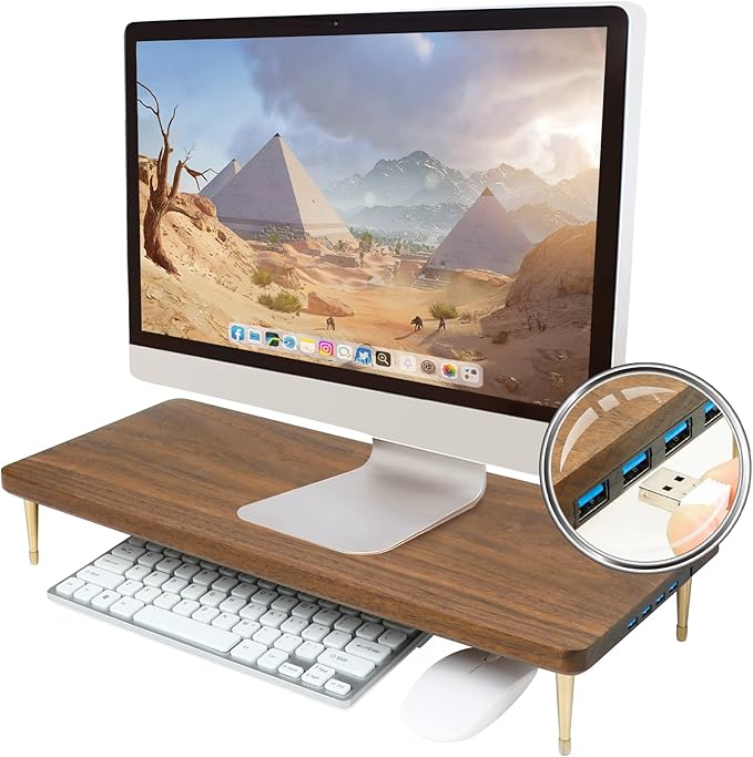 Monitor Stand with 4 USB Ports Walnut Wood Riser for iMac Laptop Computer Monitor ??A Sturdy Computer Stand to Elevate Your Screen and Reduce Eye Strain and Maintain Body Position