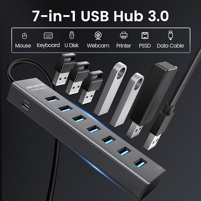 USB C to USB Hub Multiport Adapter, Aluminium 7-in-1 USB C Hub Multiport Adapter, USB Extenders, USB to USB c Adapter for MacBook Pro/Air, Laptop, iPad, iMac, U Flash, PSSD, HDD, Keyboard, Mouse