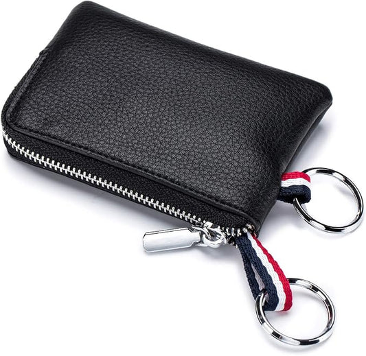 Leather Coin Purse, Change Purse for Men Women (Black, standard) | Mini Coin Pouch with Zipper & 2 Keyrings, Water-resistant Genuine Leather Wallet for Pocket, Daily,Gifts
