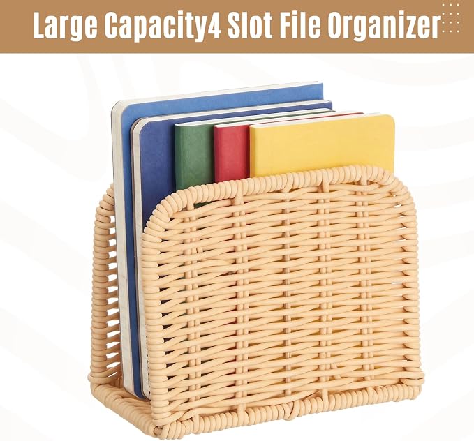 Rattan Mail Organizer for Desk Mail Holder Countertop Rattan Letter Sorter File Holder Envelope Book Stand Farmhouse Office Desk Organizer and Storage Accessories