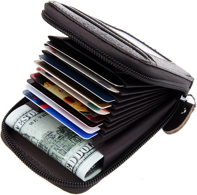 RFID Blocking Genuine Leather Mini Credit Card Case Organizer Compact Wallet with ID Window - Coffee