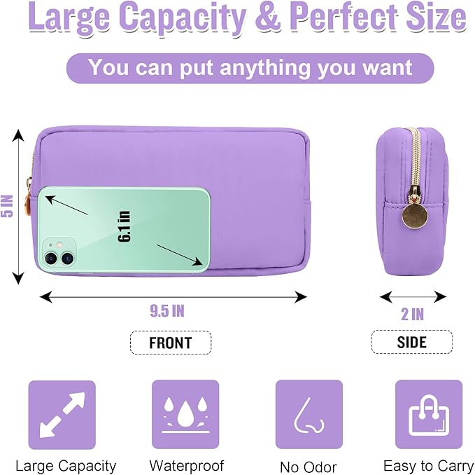 Nylon Small Makeup Bag for Purse, Cute Preppy Makeup Bag Cosmetic Zipper Pouch Purse, Waterproof Portable Travel Toiletry Bag Clutch Makeup Brush Bag Organizer Storage for Women Men Girls(Purple)