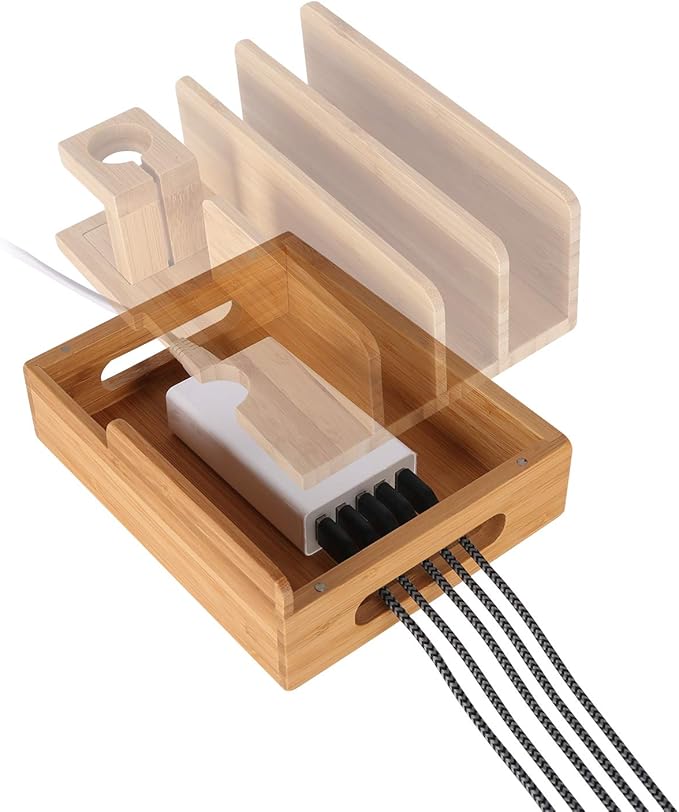 Bamboo Wood Multi-Device Desktop Charging Dock Station Charger Holder Cradle Charge Stand Compatible iPhone 16 15 14 13 Pro Max iPad Mini Pro Air Apple Watch Ulrta 10 9 8 7 6 5 4 3 2 iWatch Smartphone