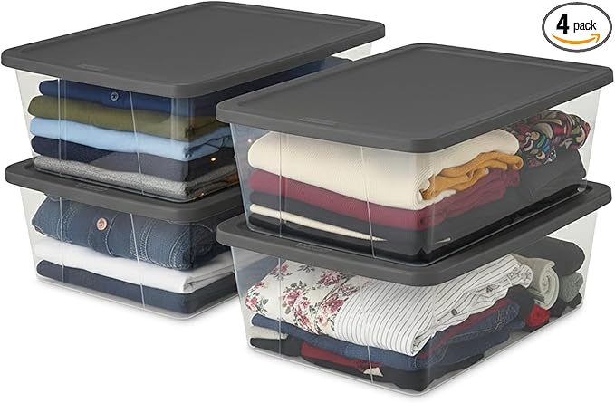 HOMZ 4-Pack Snaplock, Small Clear Plastic Storage Organizer Bins w/Lids, 12 Quart, Gray - Stackable Container Boxes for Bedroom, Bathroom, Garage, and Office Organization
