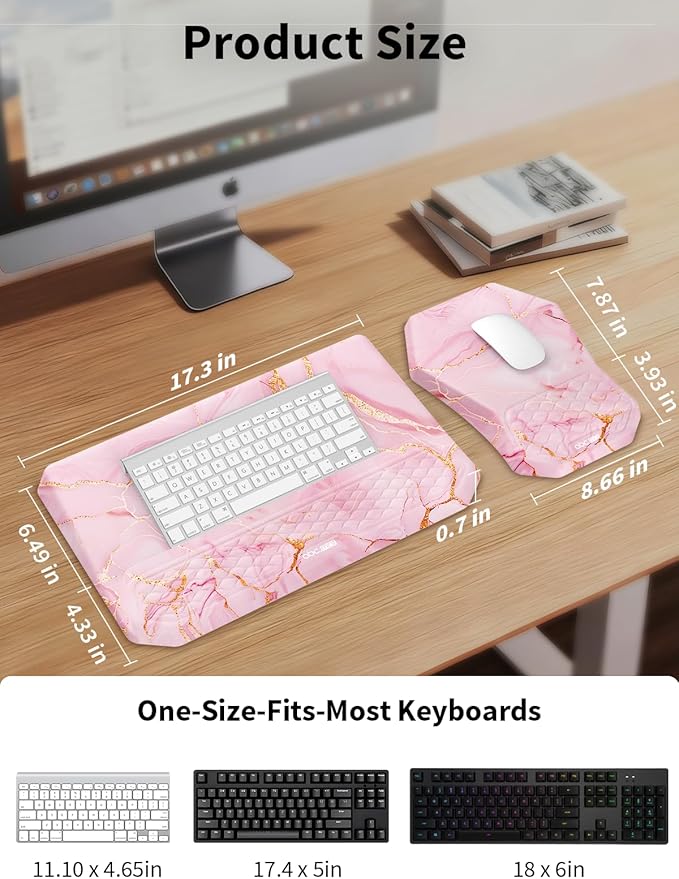 3-in-1 Ergonomic Keyboard Stand with Wrist Rest & Mouse Pad Set, Comfy Keyboard Riser Holder Soft Mousepad with Massage Design, Memory Foam and Non-Slip PU Base for Pain Relief, Pink Marble