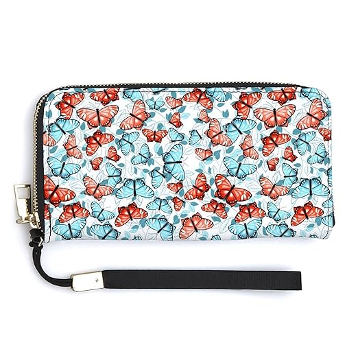 Clutch Wallet Holder for Women Men Beautiful Red Blue Butterfly And Leaves Portable Accordion Zipper Credit Card Storage Bag Waterproof Purse Leather Wallet for Travel Work Shopping